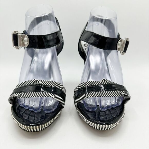 Gianfranco Ferre Black/White Striped Patent‎ Leather Heeled Sandals Sz 40 - Picture 4 of 16